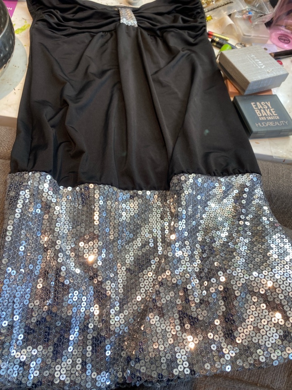Black Strapless Dress with Silver Sequin Hem